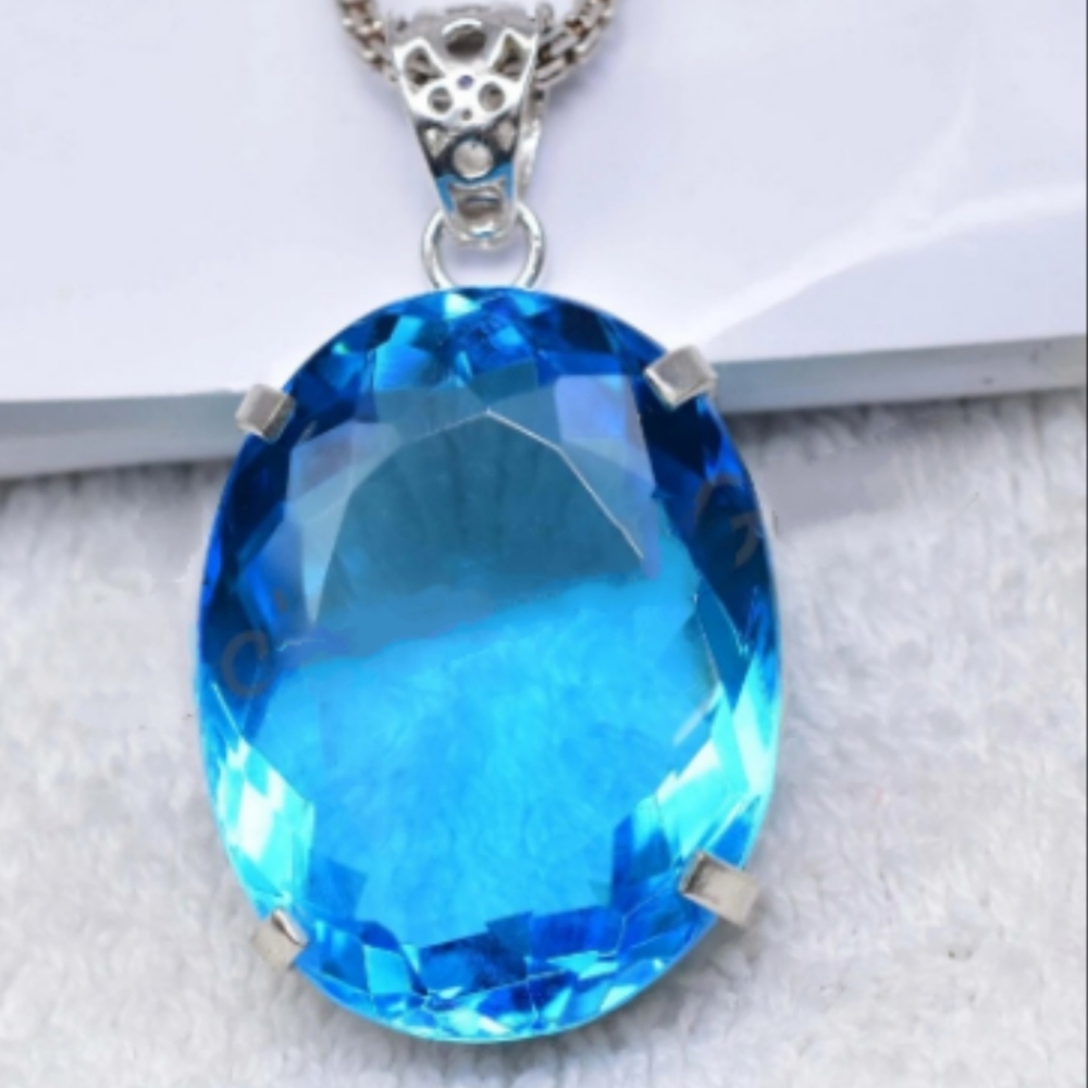 Blue Tourmaline Gemstone 925 Sterling Silver Handmade Pendant Necklace - Picture 3 of 7